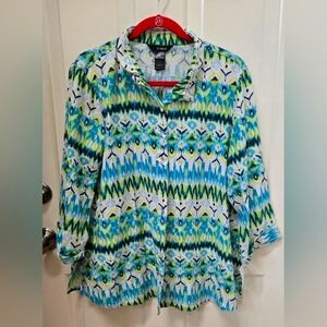 Ali Miles Blue,White & Yellow Grewn Graphic Button Down Shirt 55% Linen-NWOT